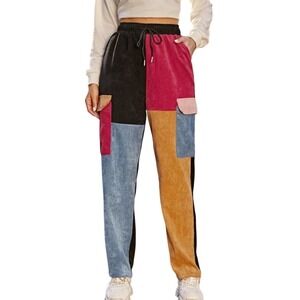 SHEIN Women XS Colorblock Casual Corduroy Pants Drawstring Waist‎